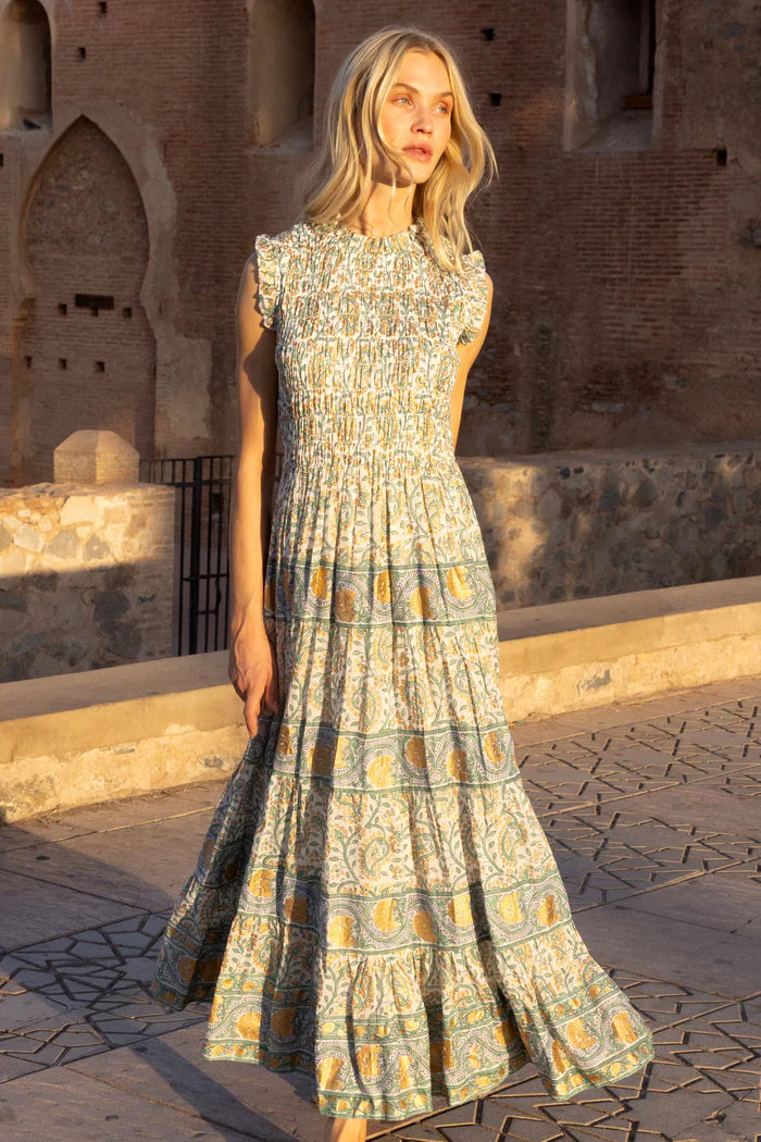SLEEVELESS SMOCKED MAXI-GREEN