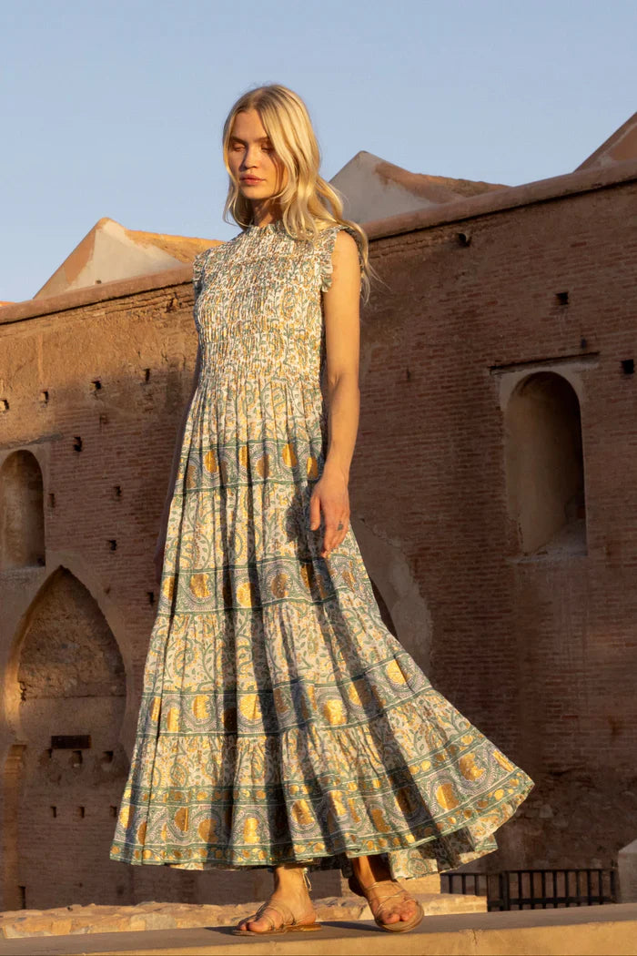 SLEEVELESS SMOCKED MAXI-GREEN