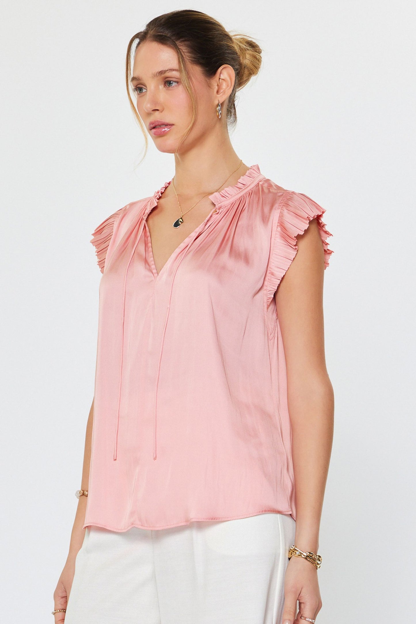 PLEATED SHORT SLEEVE BLOUSE - ROSE PINK