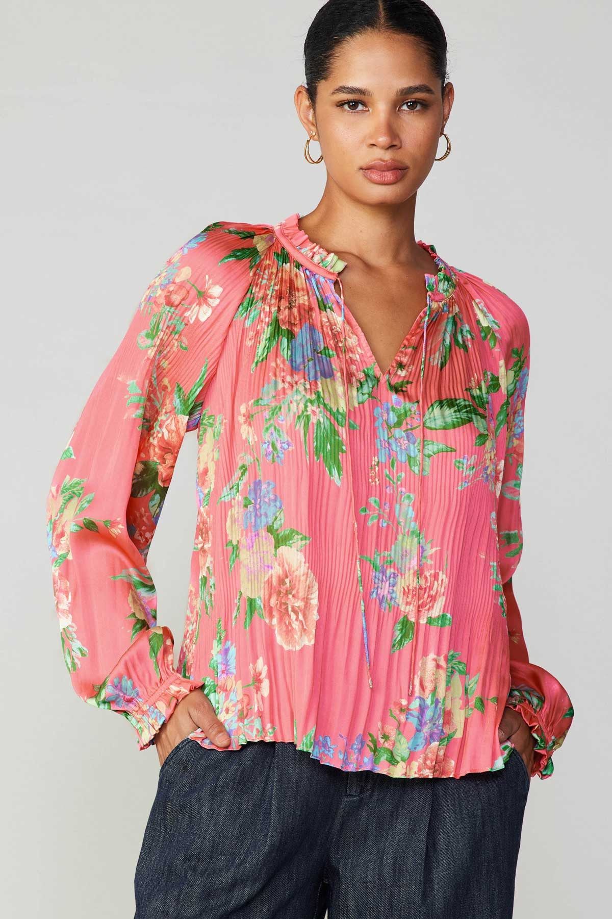 FLORAL PRINT PLEATED BLOUSE - BRINK PINK FLORAL