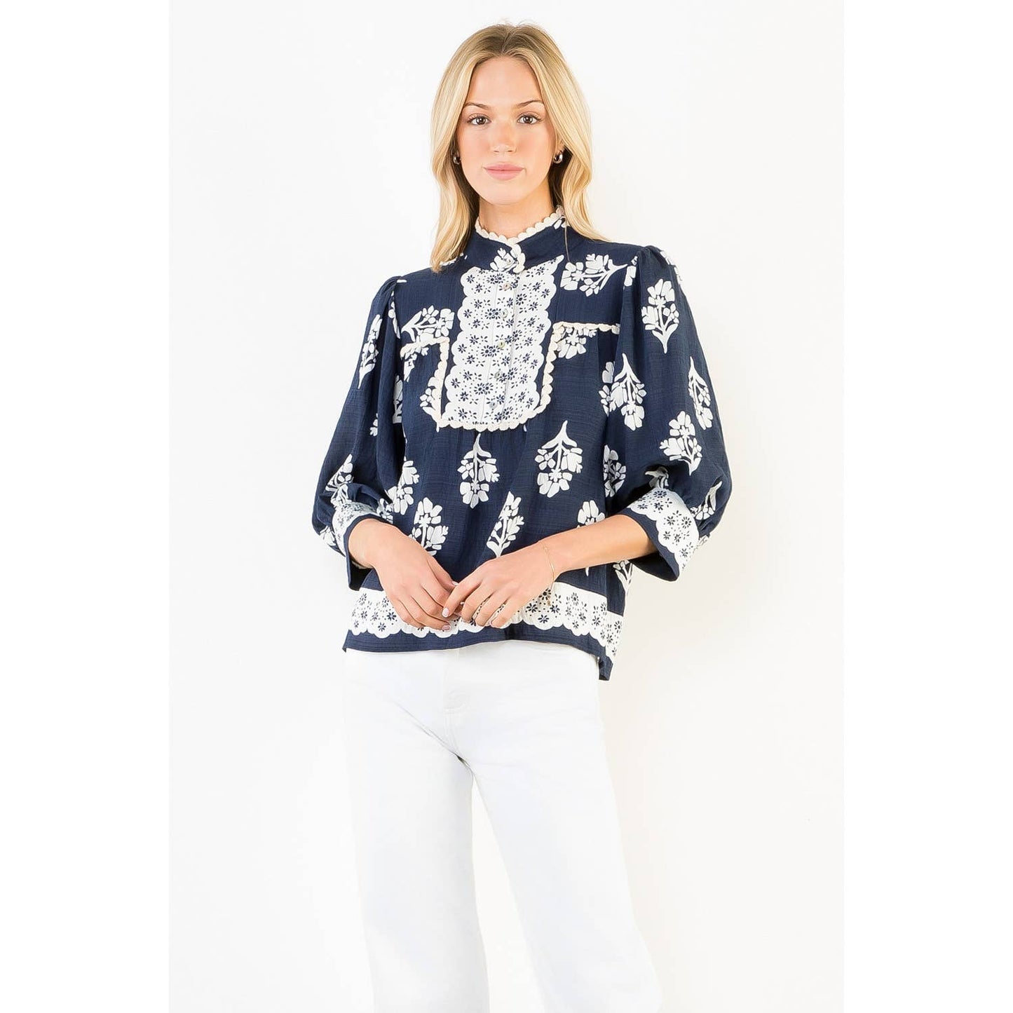Long Sleeve Navy/White Top