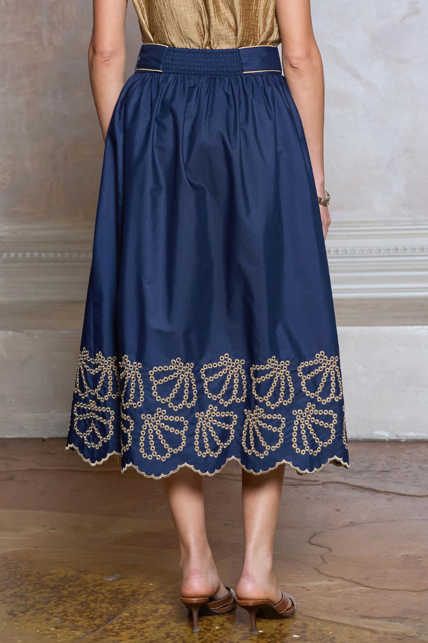 EYELTE MIDI SKIRT WITH SELF BELT - NAVY