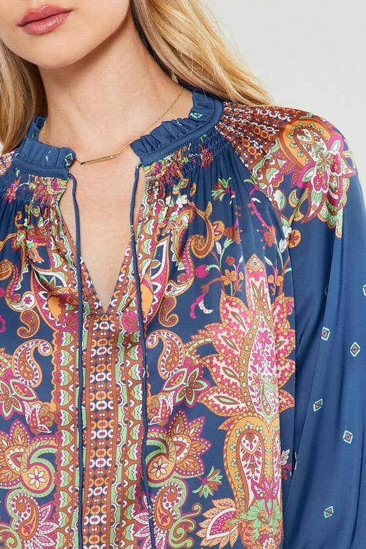 Paisley Printed 3/4 Sleeve Split Neck Blouse