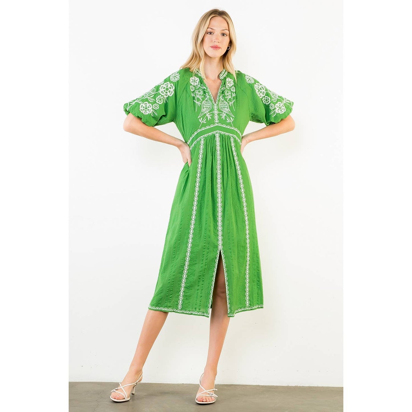 Puff Sleeve Embroidered Detail Dress