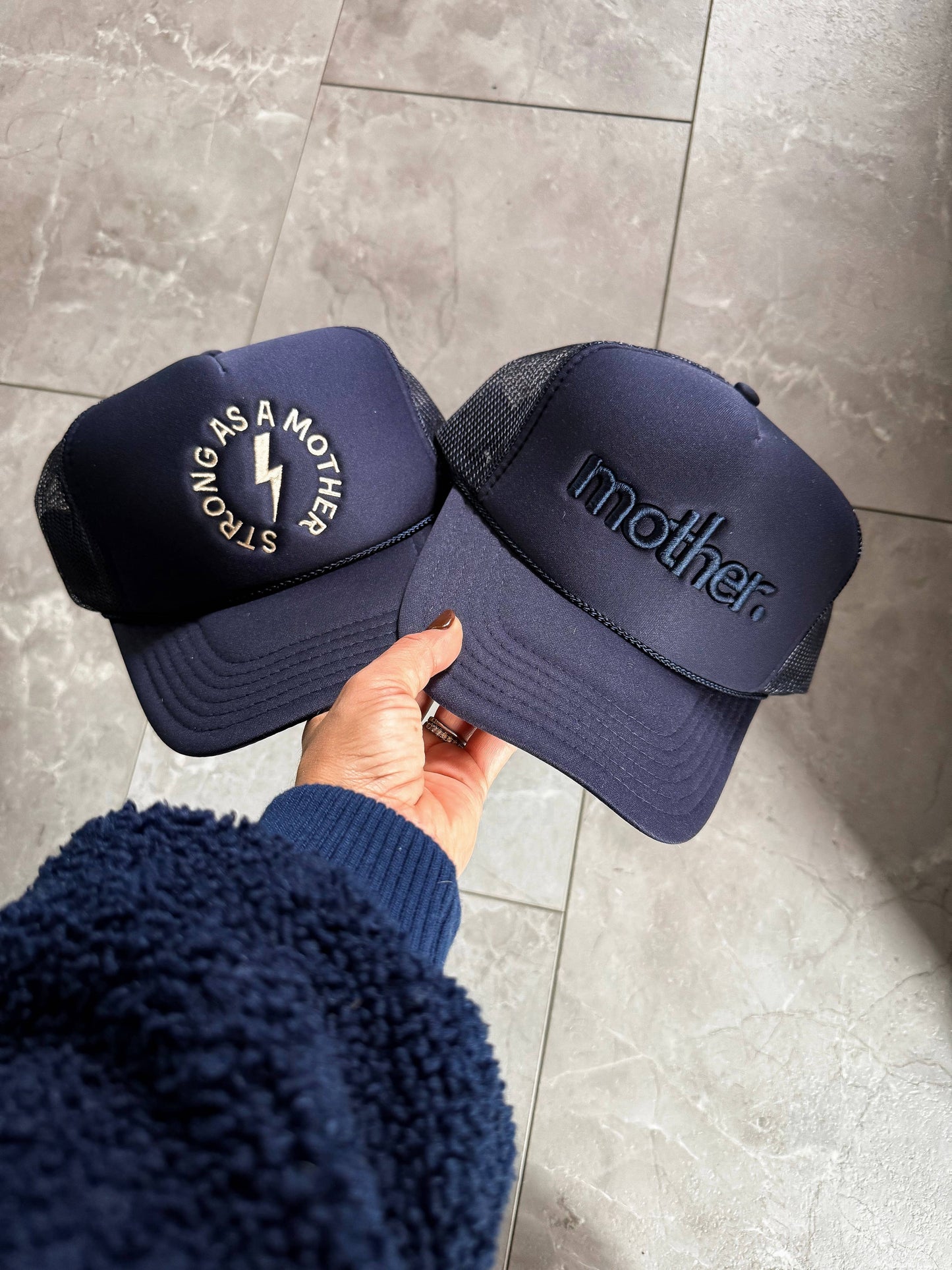 "mother." Embroidered Trucker Hat - Navy