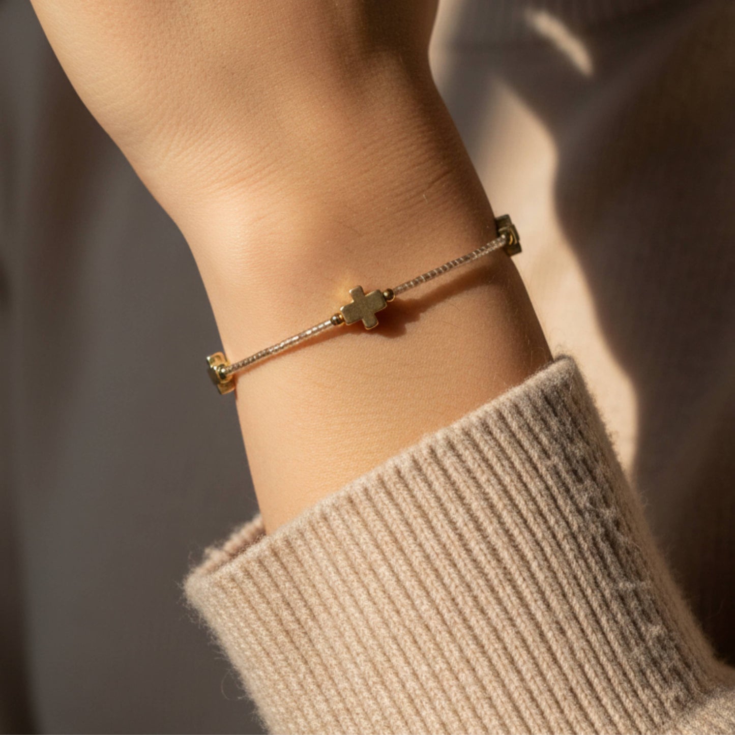 Faithful Cross Bangle w/ Matte Gold Crosses-Smoky Quartz