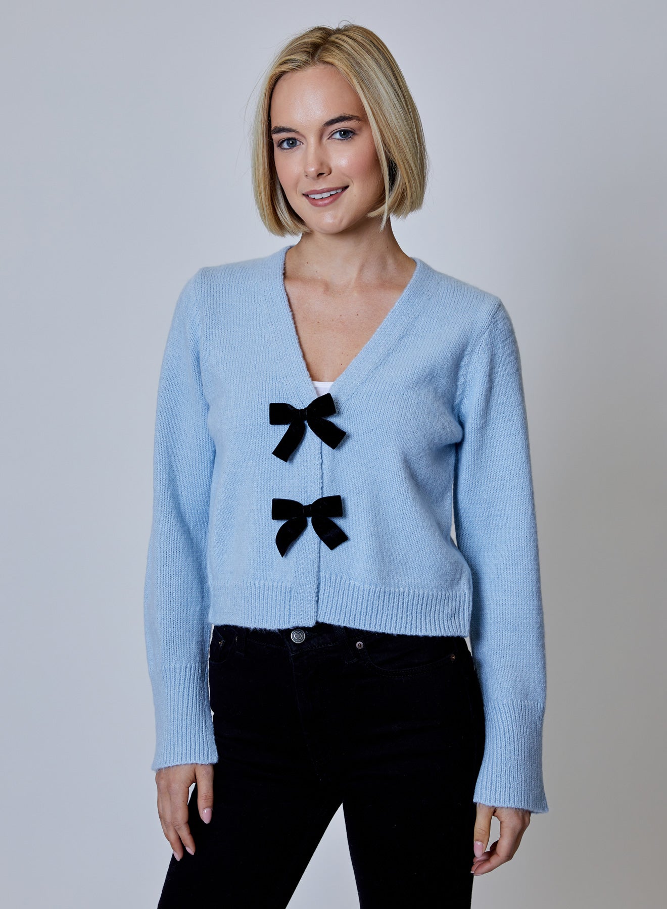 BLUE FROST LS V NECK BOW CARDIGAN