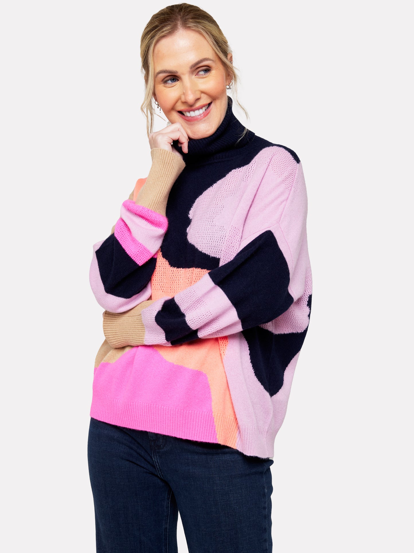 ABSTRACT ROLL NECK - NAVY/DIVA PINK
