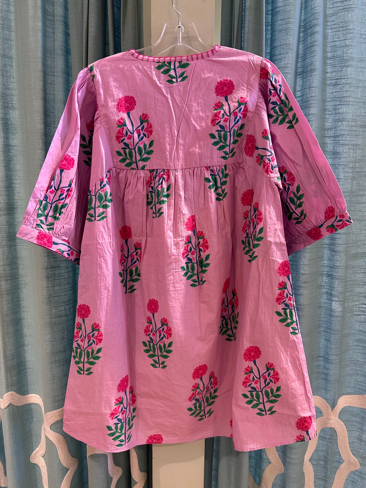 BLOCK PRINT FLORAL DRESS WITH TASSLES - PINK