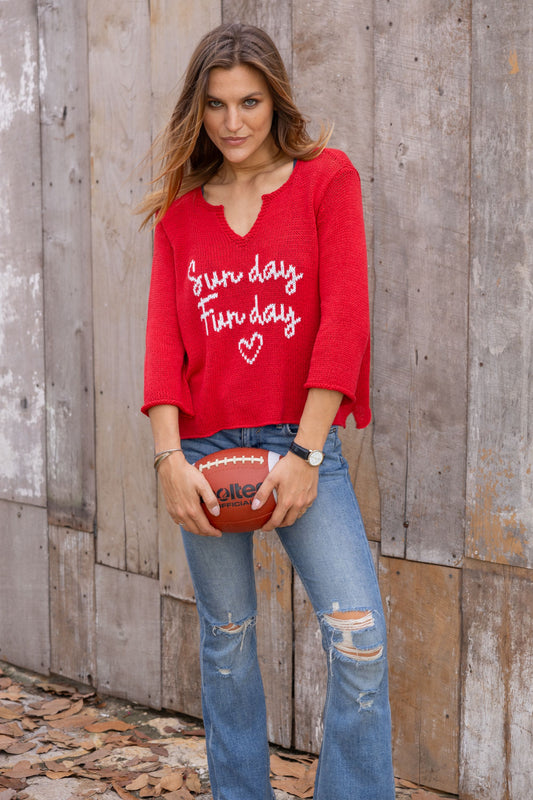 SUNDAY FUNDAY COTTON SWEATER - RED/WHITE