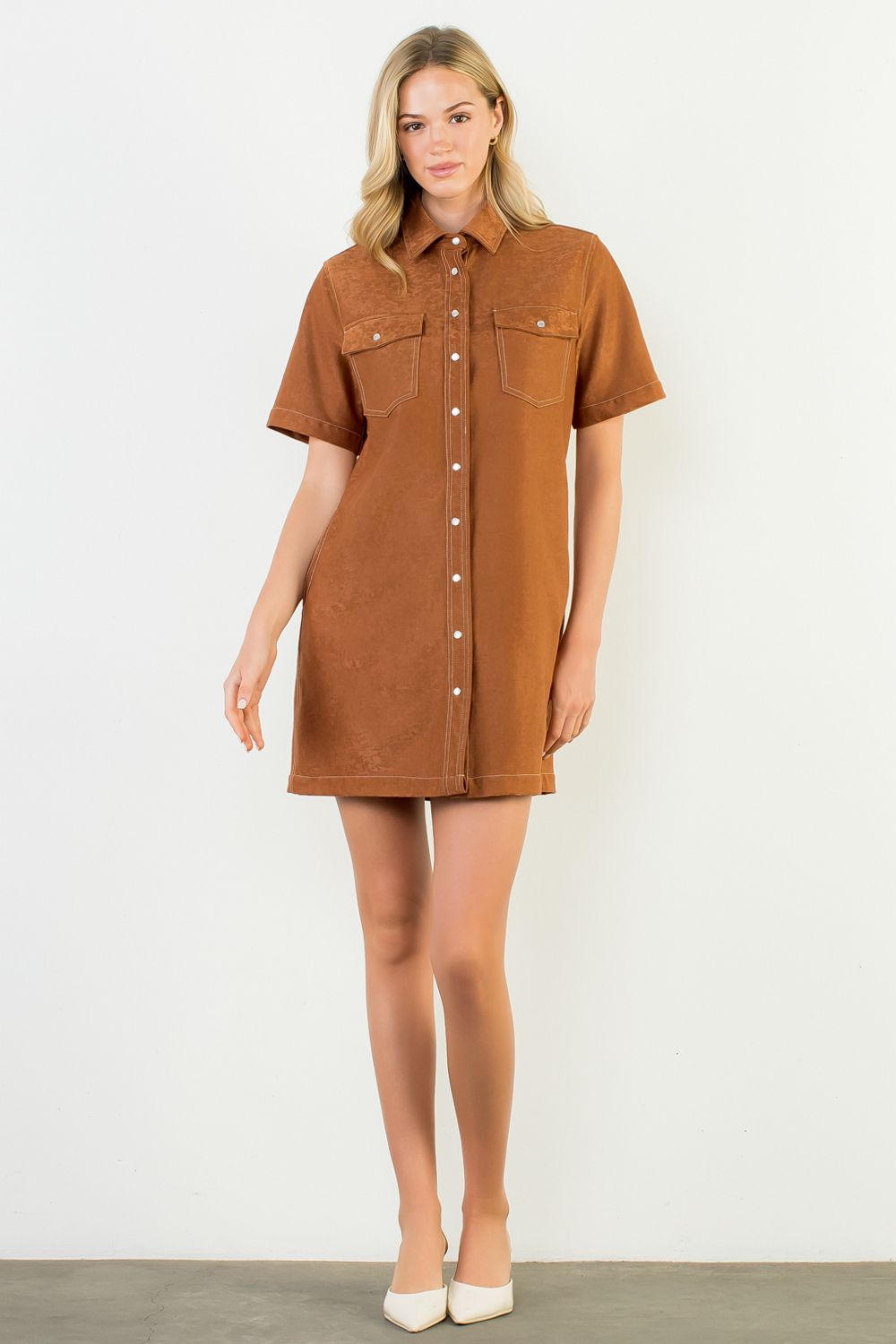 WESTERN FAUX SUEDE DRESS - SADDLE