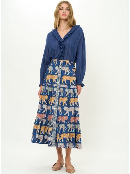 BUTTON FRONT SKIRT-RAJ NAVY