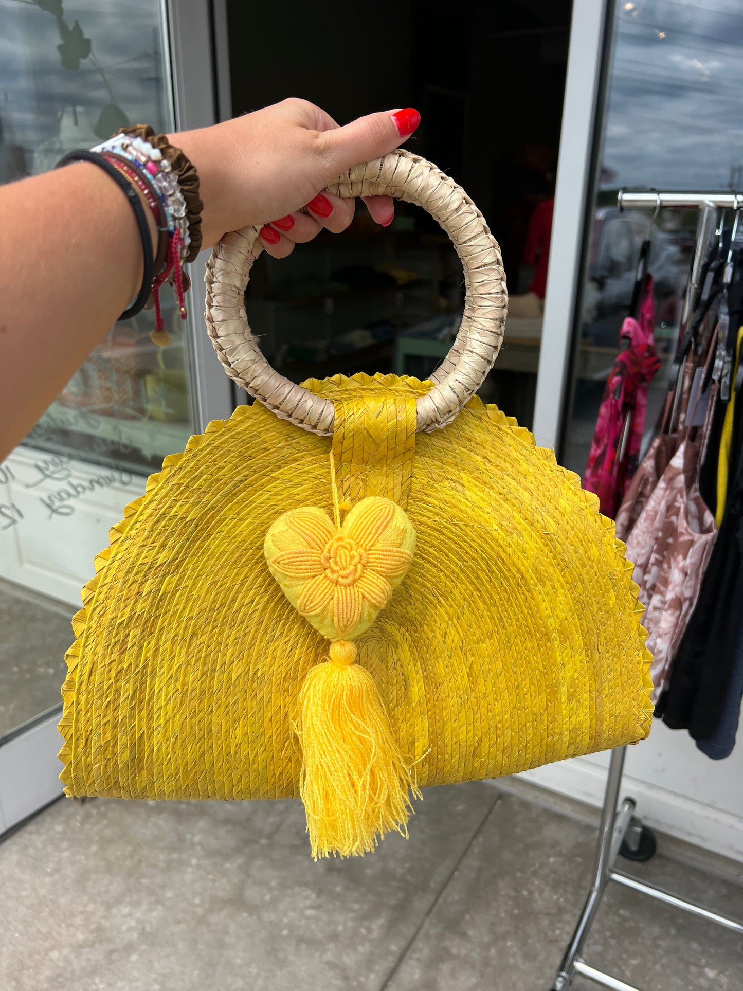 HAND WOVEN CRESCENT PURSE WITH POMPOM- ASSORTED