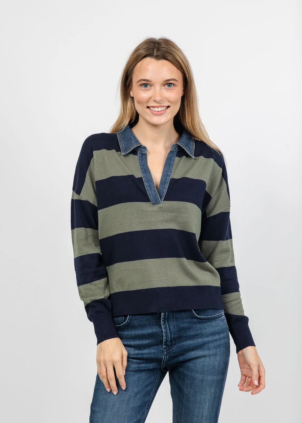RUGBY TOP WITH DENIM COLLAR - NAVY/MOSS