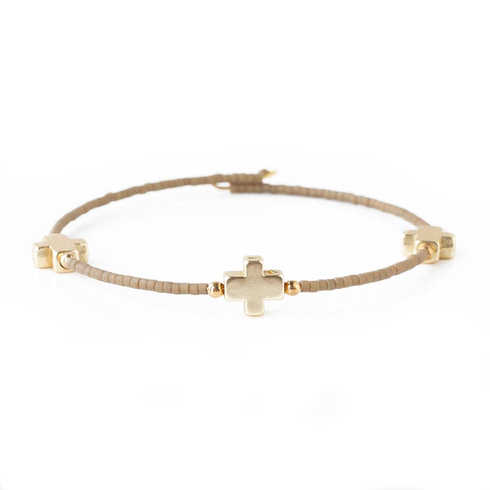 Faithful Beaded Cross Bangle w/ Matte Gold Crosses-Mocha