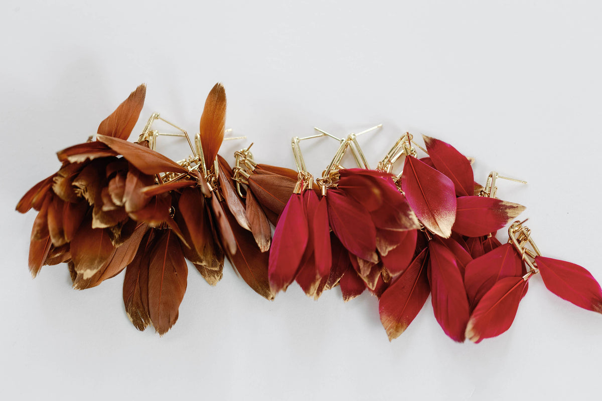 Caramel Gold Dipped Fall Feathers Statement Earrings