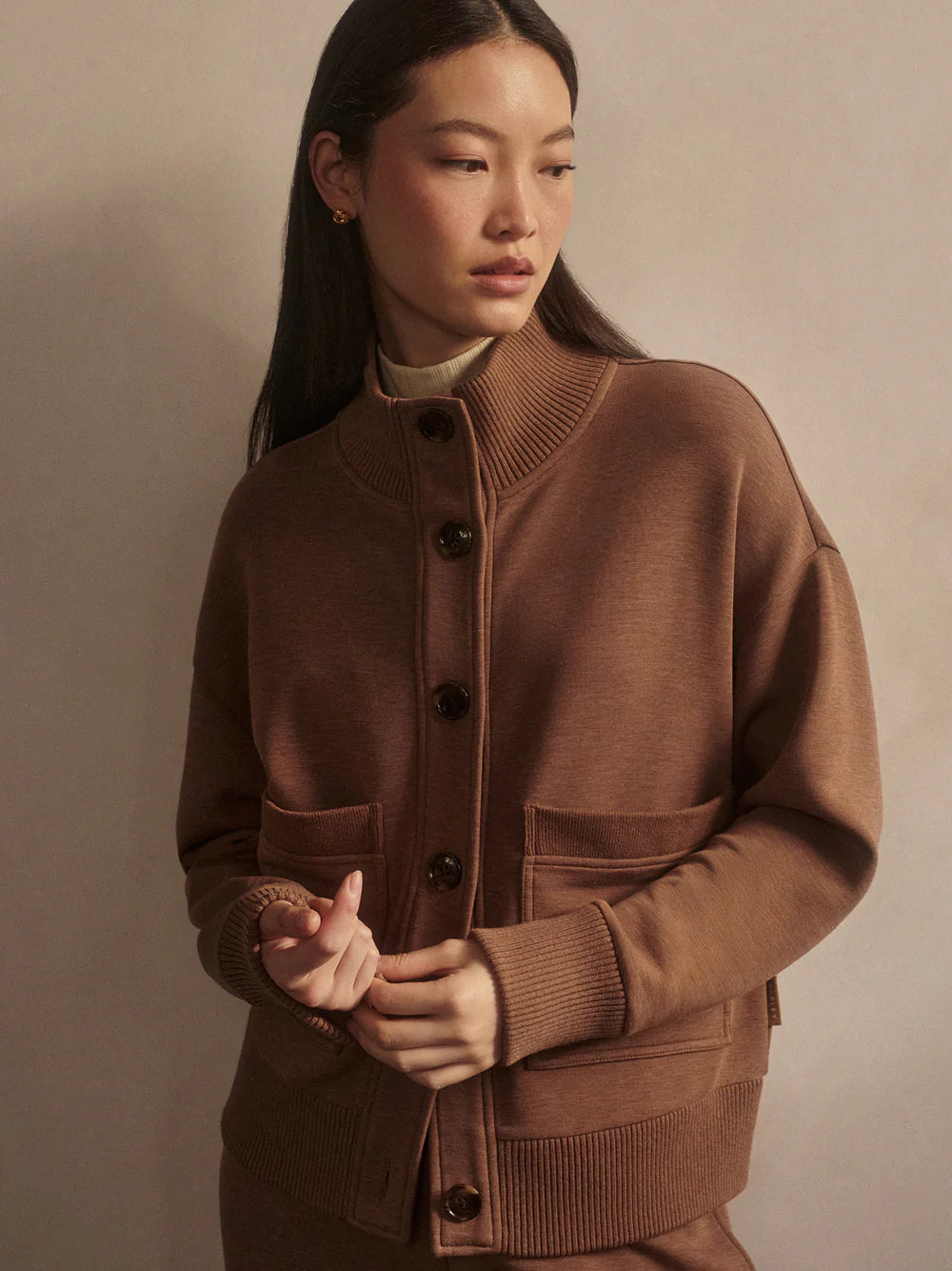 SABRINA BUTTON THROUGH SWEATSHIRT - GOLDEN BRONZE MARL
