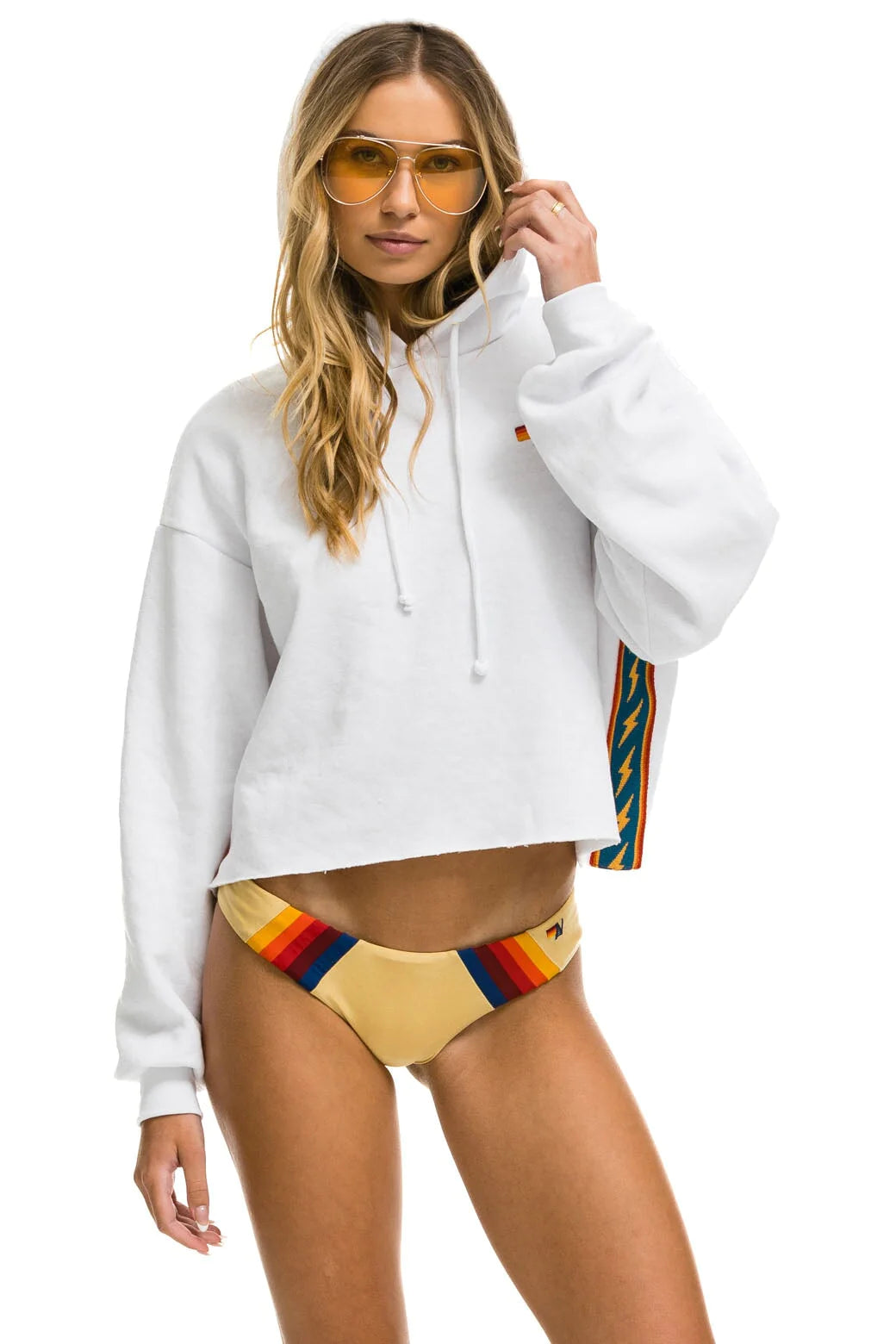 BOLT STRIPE-RELAXED CROPPED PULLOVER HOODIE-WHITE