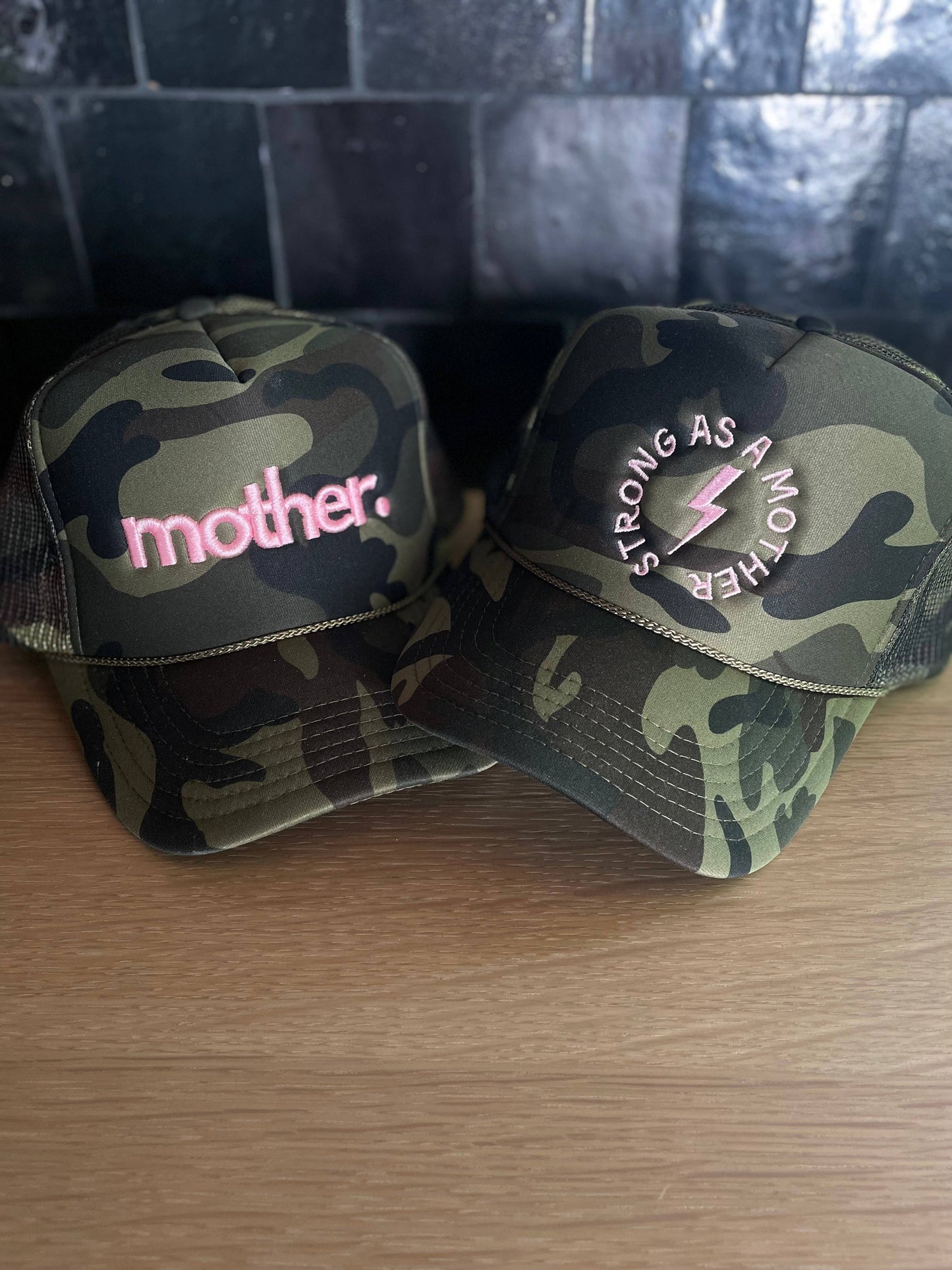 Mother Embroidered Trucker Hat - Camo + Baby Pink