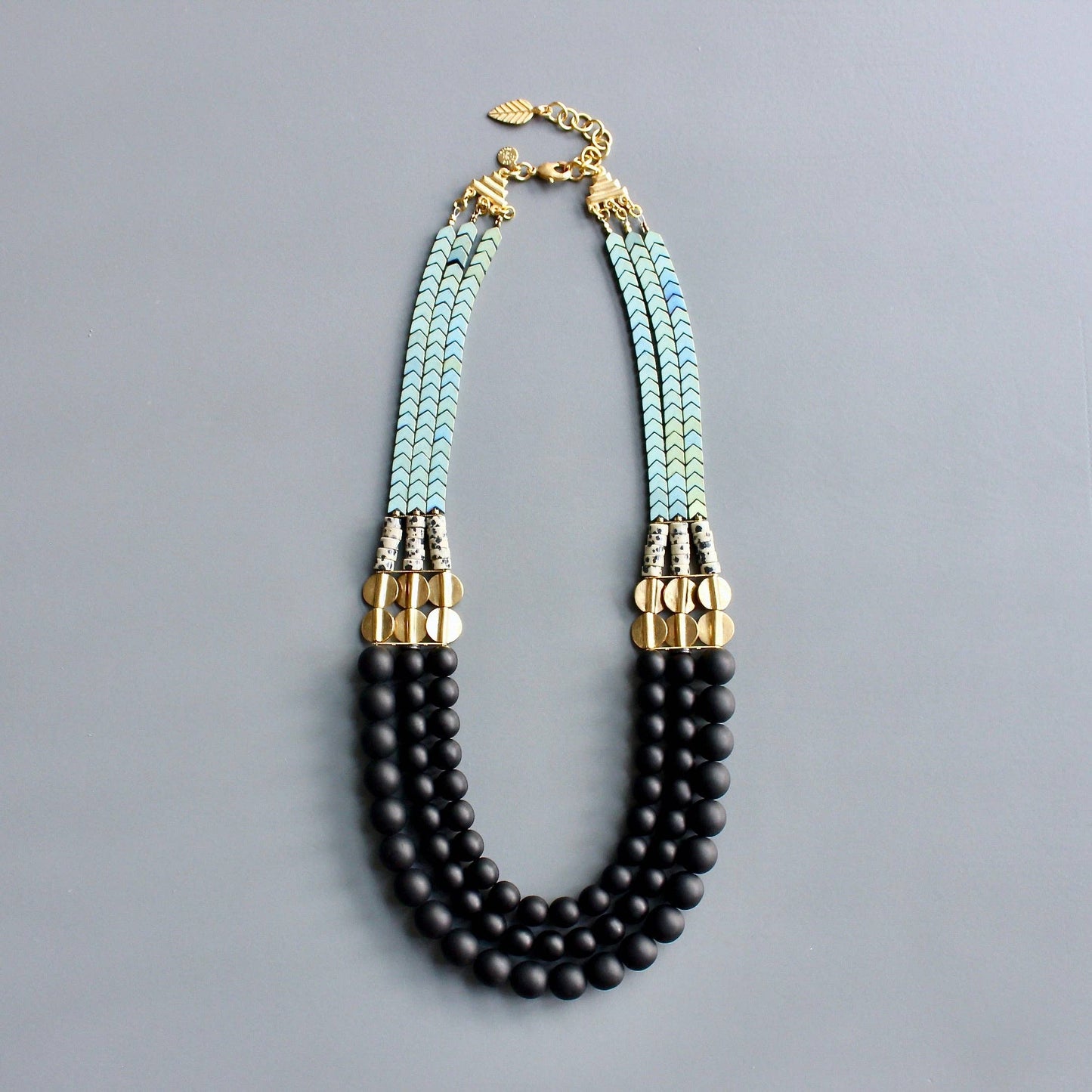 HYL221 Jet glass and hematite triple strand necklace