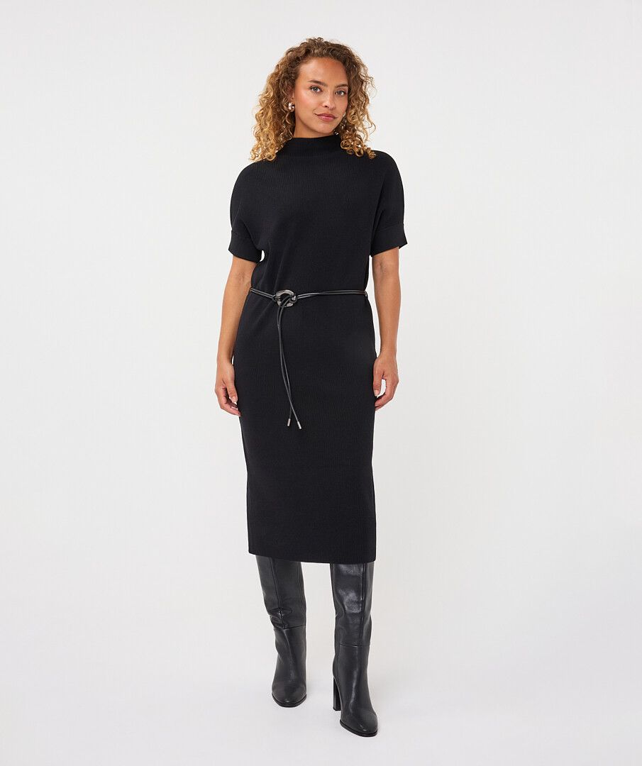 KNIT DRESS WITH BELT - BLACK