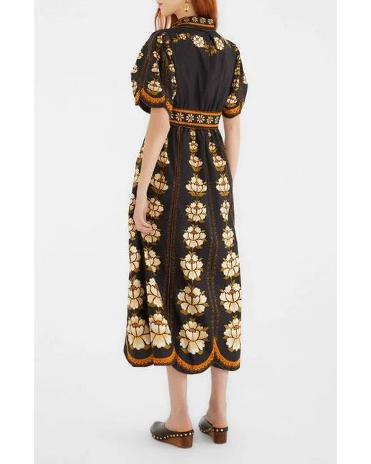 EMBROIDERED FLOWERS BLACK MIDI DRESS