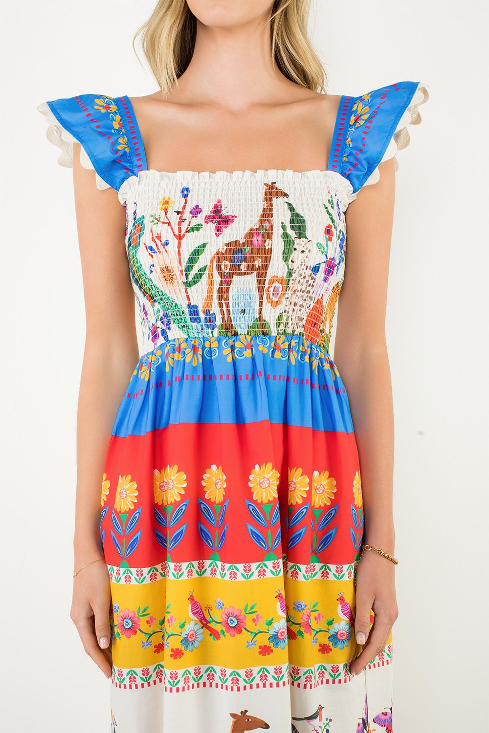 COLORFUL SMOCKED ANIMAL PRINT MIDI DRESS