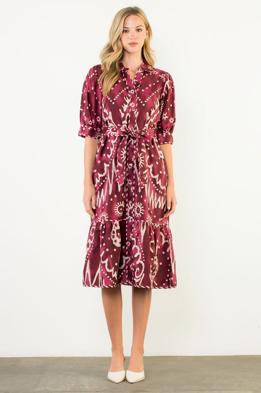 BELTED PLUM DRESS - PRINTED