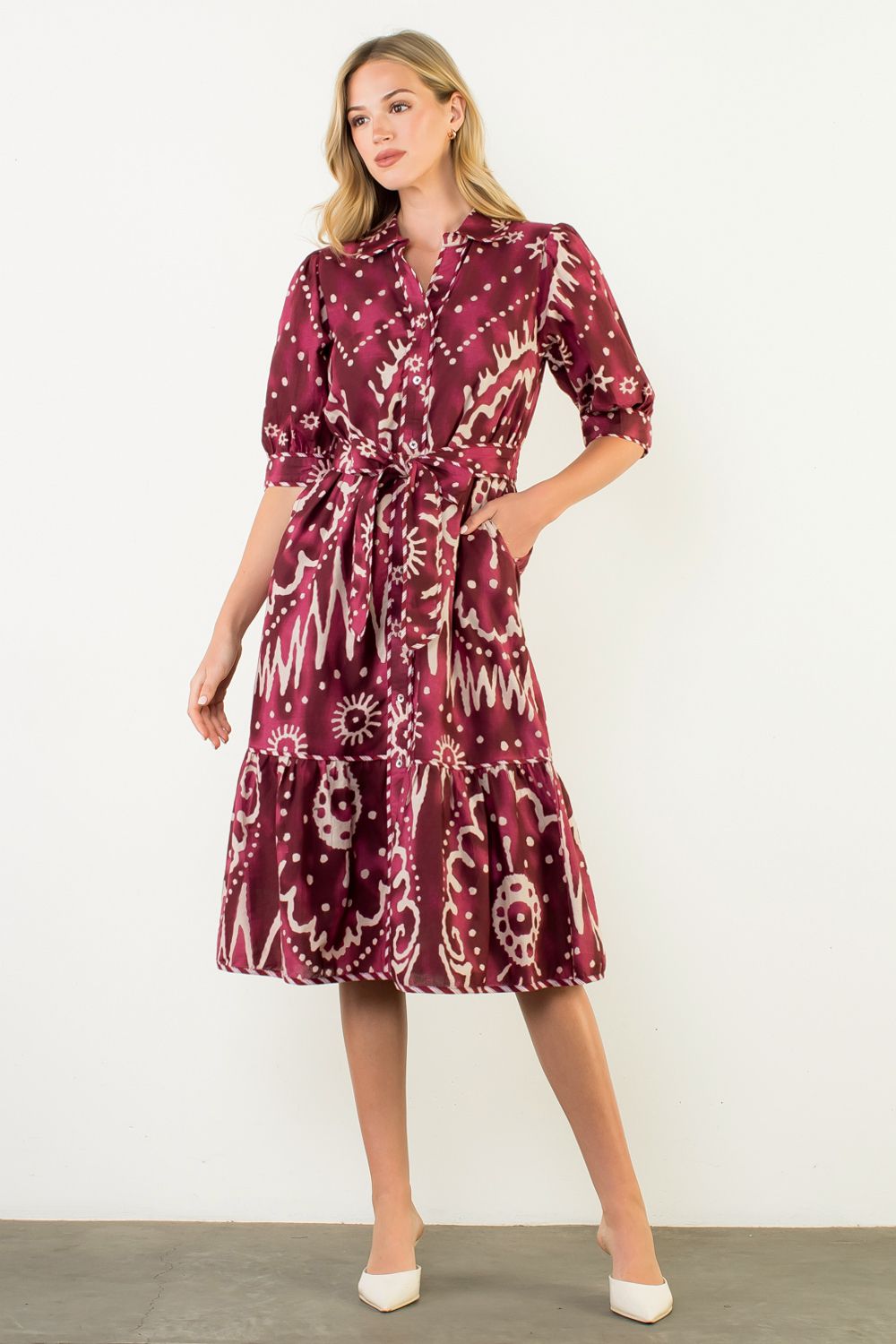 BELTED PLUM DRESS - PRINTED
