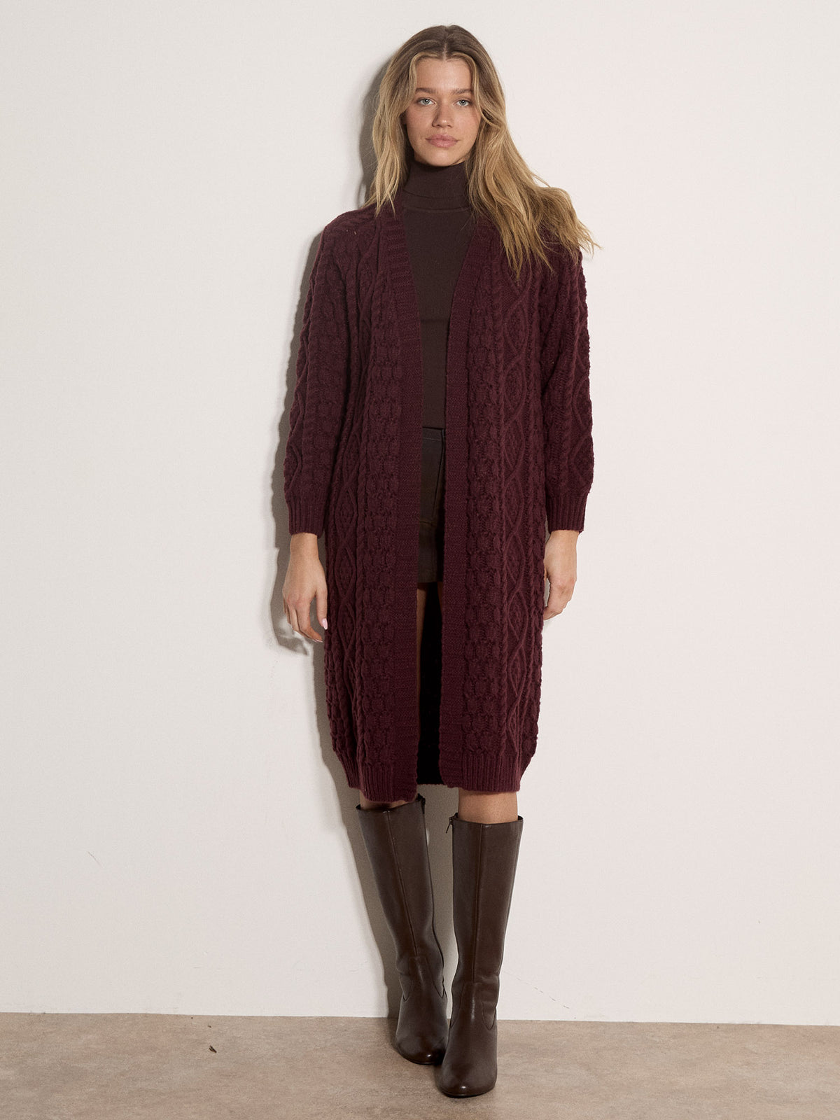 CABLE KNIT OPEN MIDI CARDIGAN - BURGUNDY