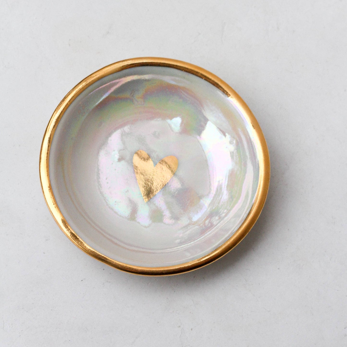 Iridescent Heart Ring Dish | Handmade Pottery with Gold