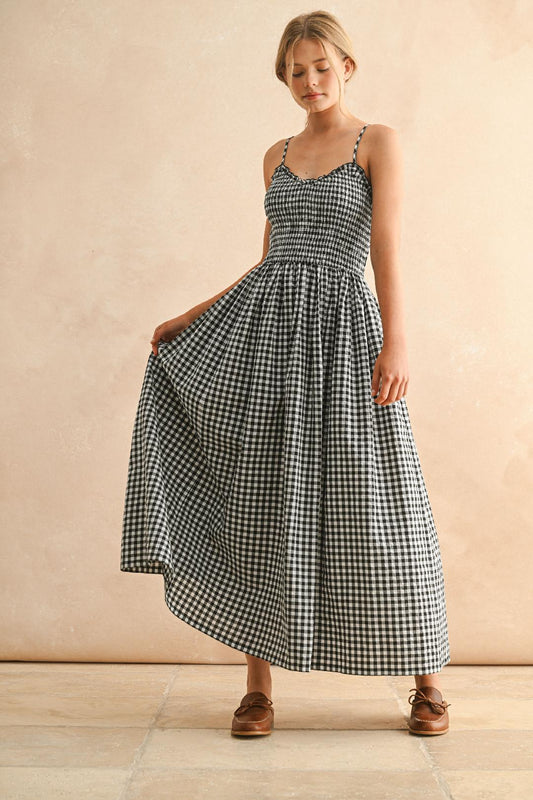 GINGHAM SMOCKED MAXI DRESS
