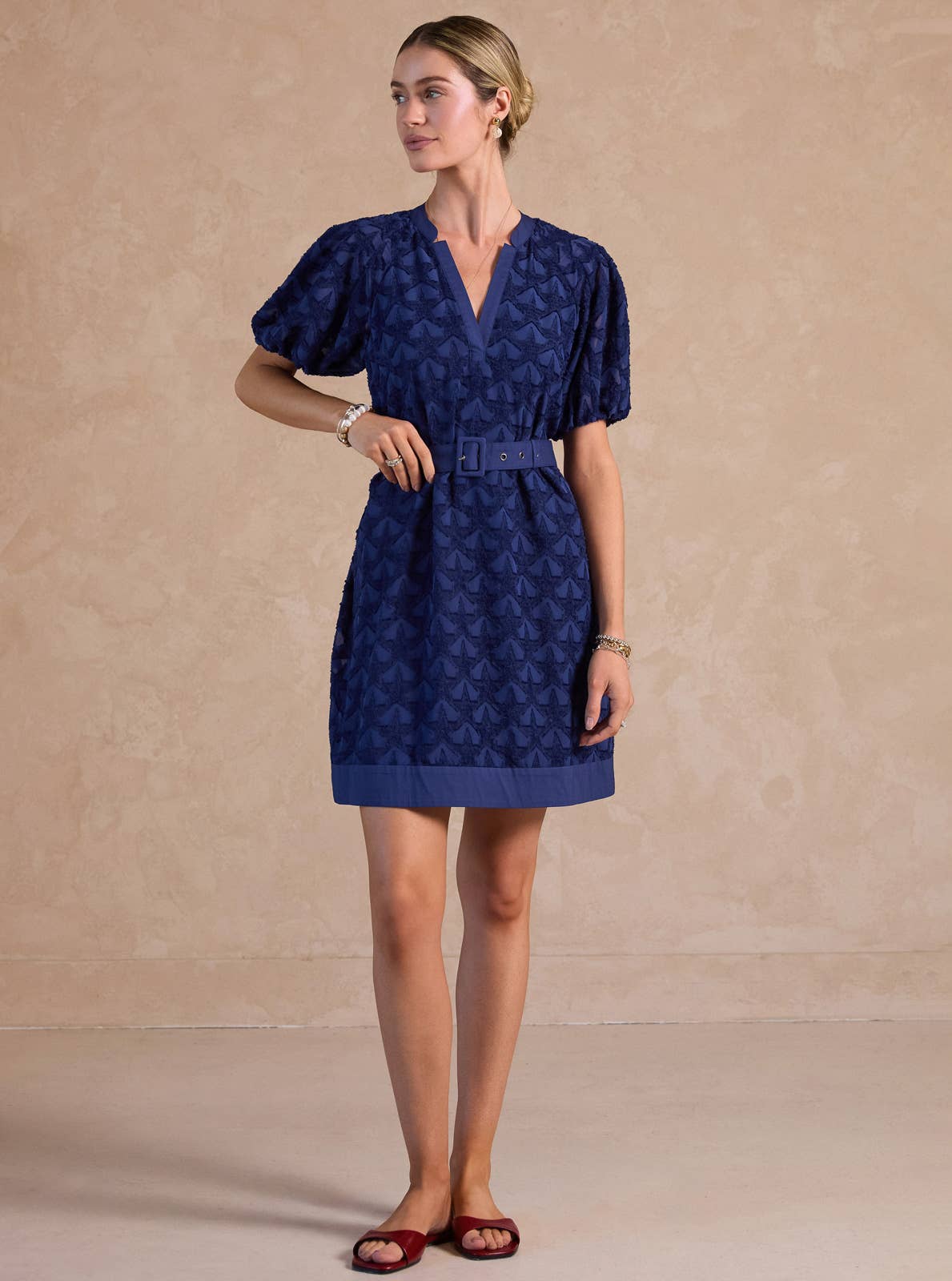 Textured Star Pattern Belted Mini Dress