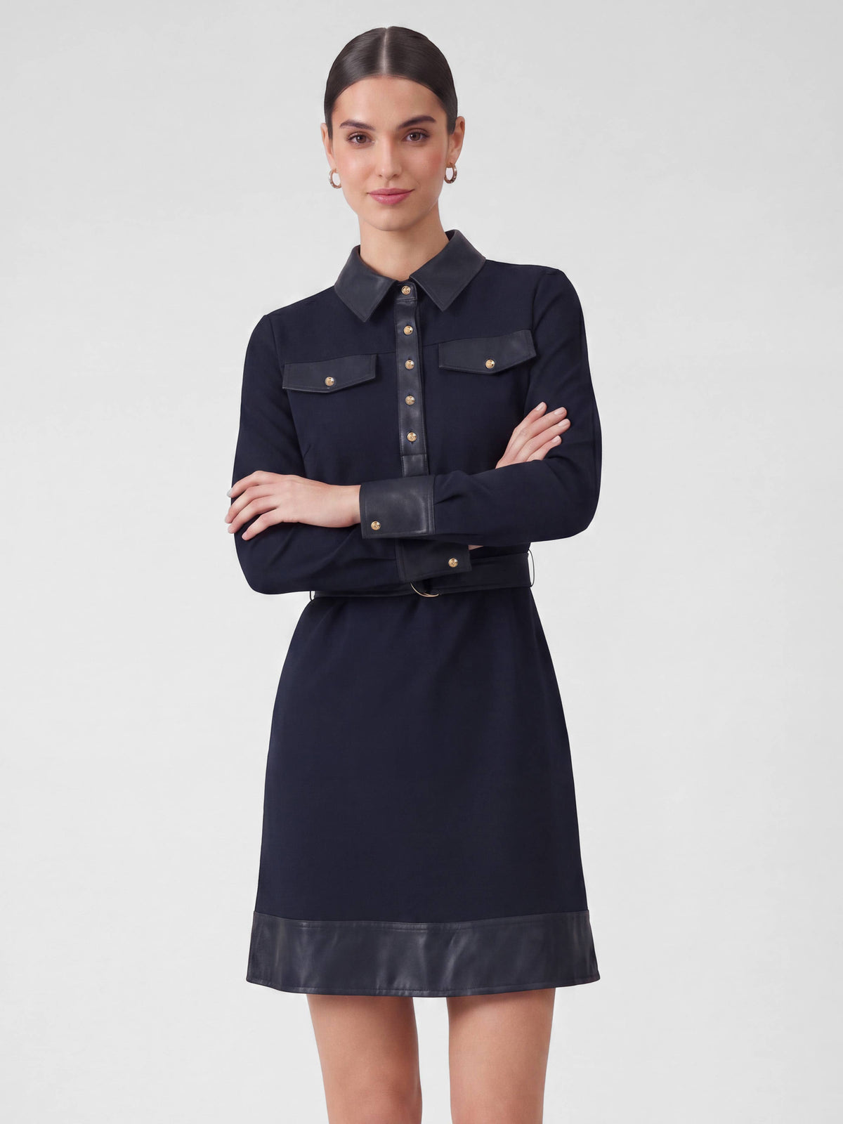 Polo Knit Mini Dress With Faux Leather Contrast