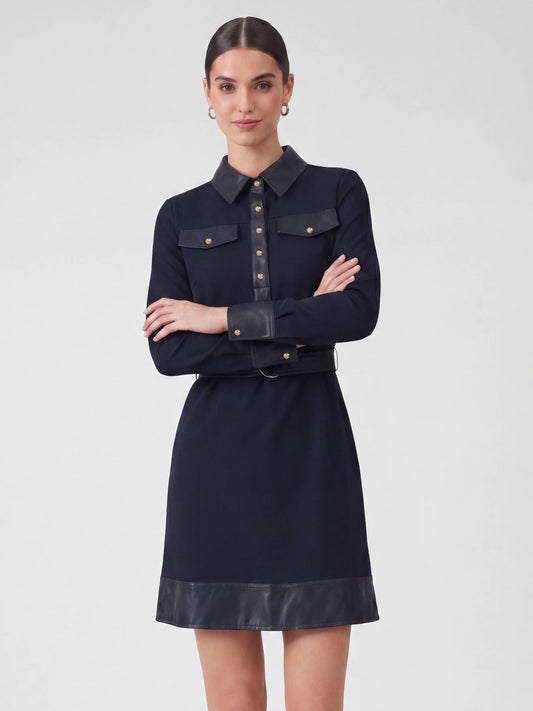 Polo Knit Mini Dress With Faux Leather Contrast