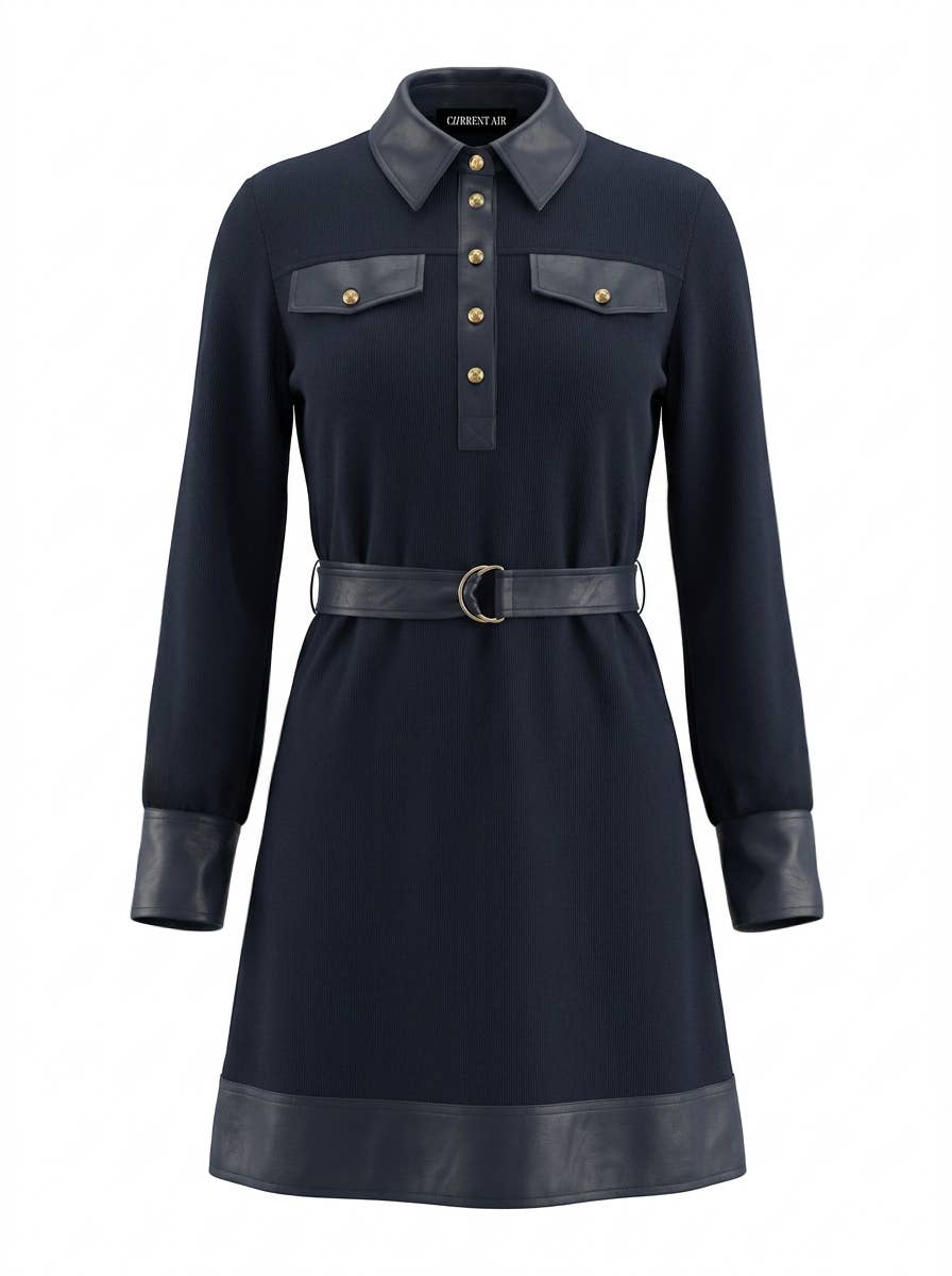 Polo Knit Mini Dress With Faux Leather Contrast
