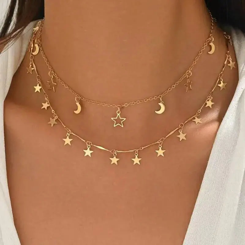 18K Gold Star & Moon Multi-Charm Necklace