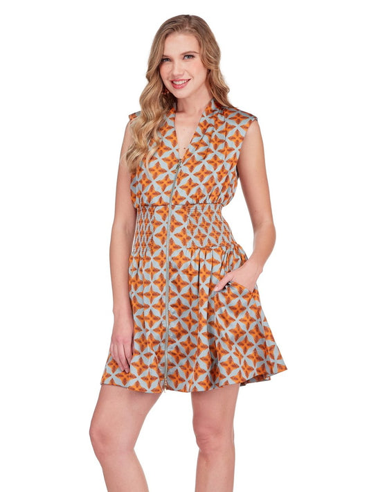 TILE PRINT CINCHED WAIST DRESS