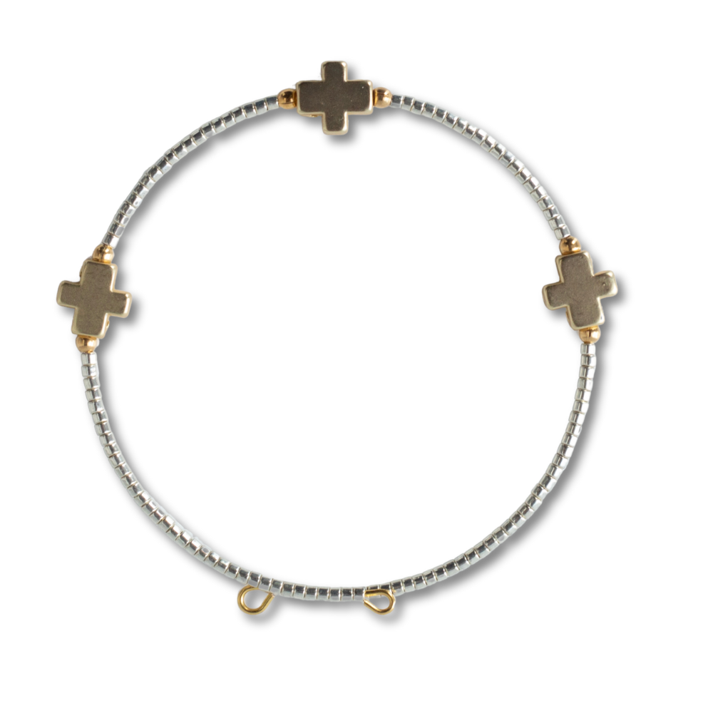 Faithful Beaded Cross Bangle w/ Matte Gold Crosses-Silver