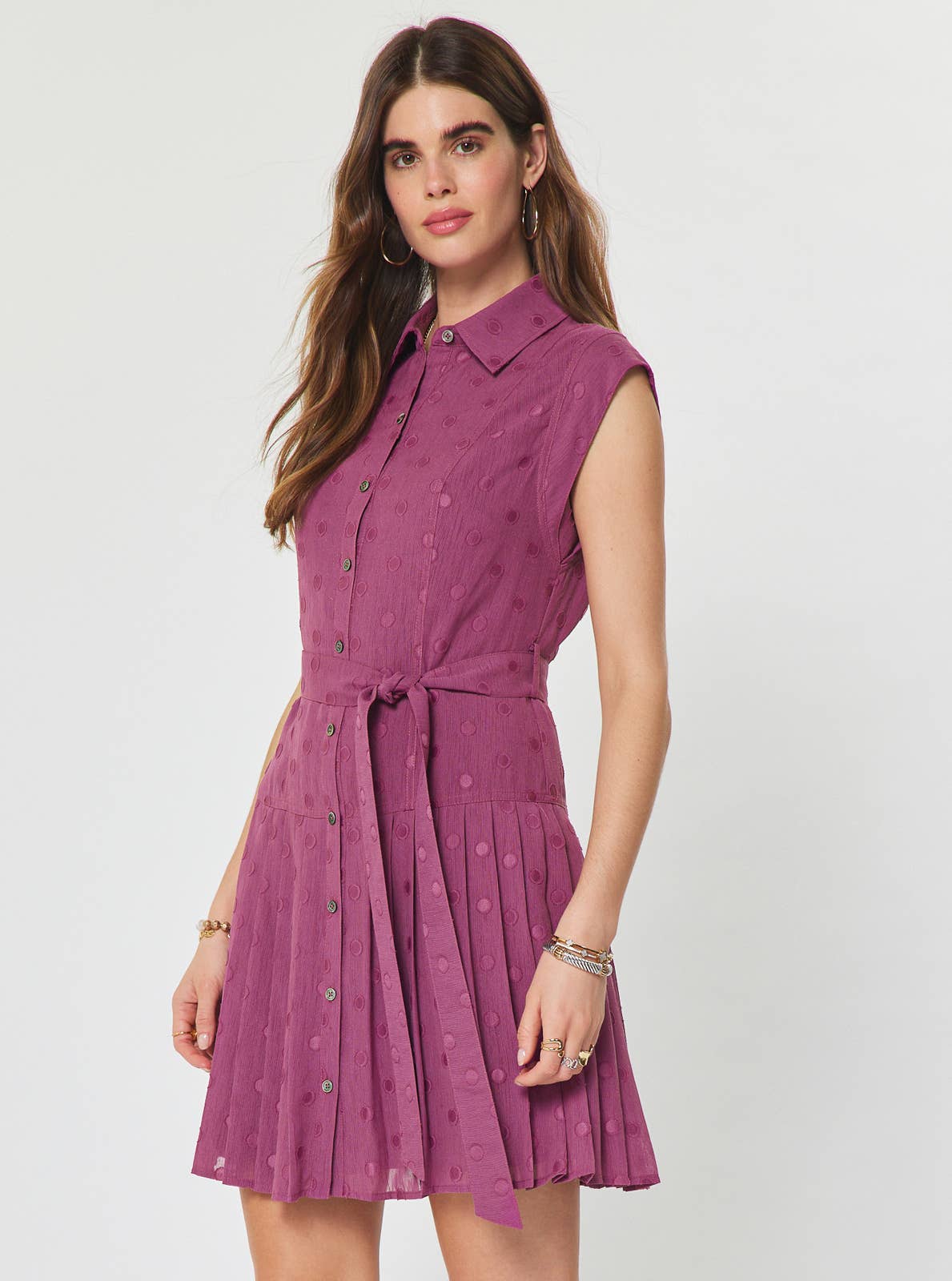 Polka Dot Pleated Button Down Mini Dress