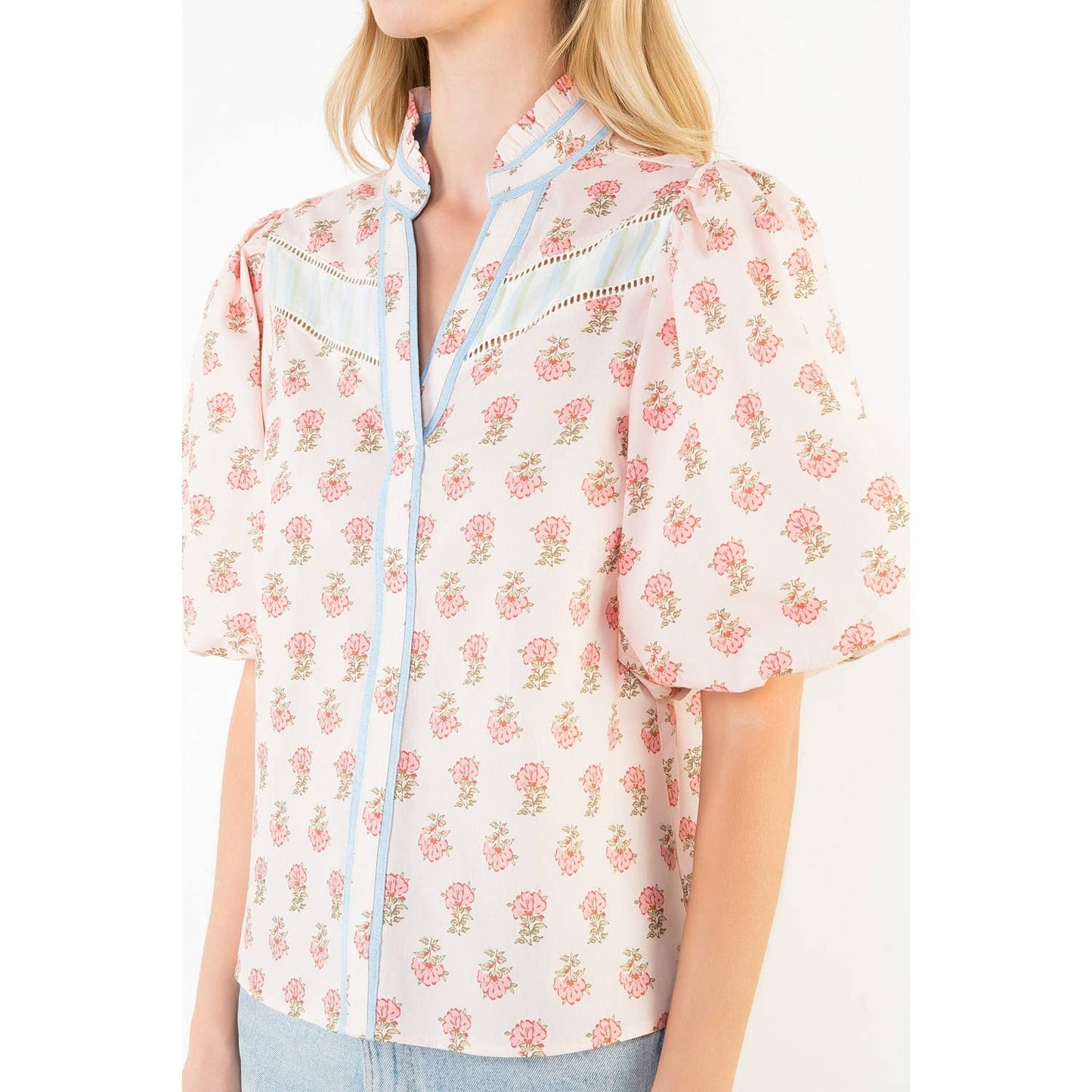 Puff Sleeve Floral Detail V-Neck Top