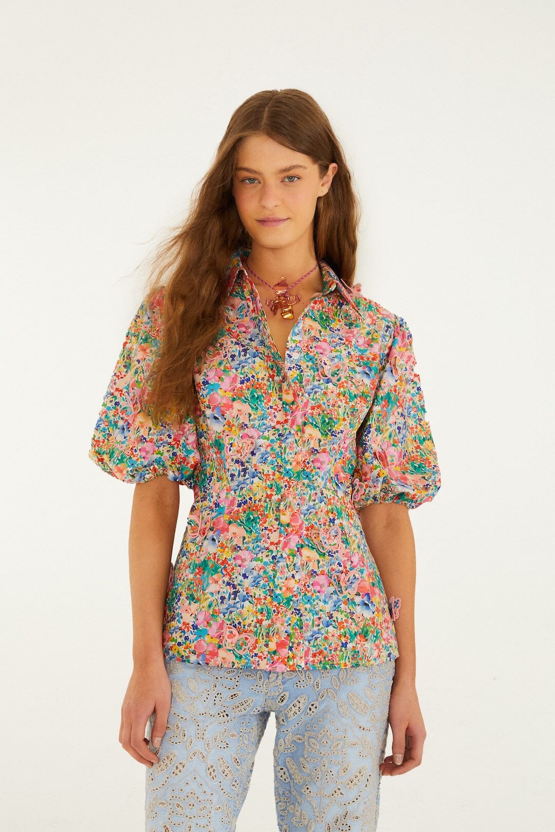 PEASANT FLORAL OFF-WHITE BUTTERFLIES BLOUSE