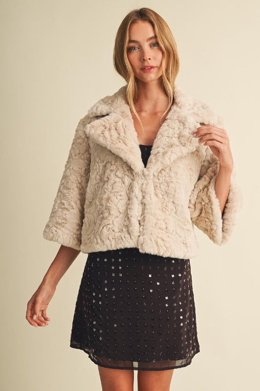 HALF SLEEVE FAUX FUR JACKET - BEIGE