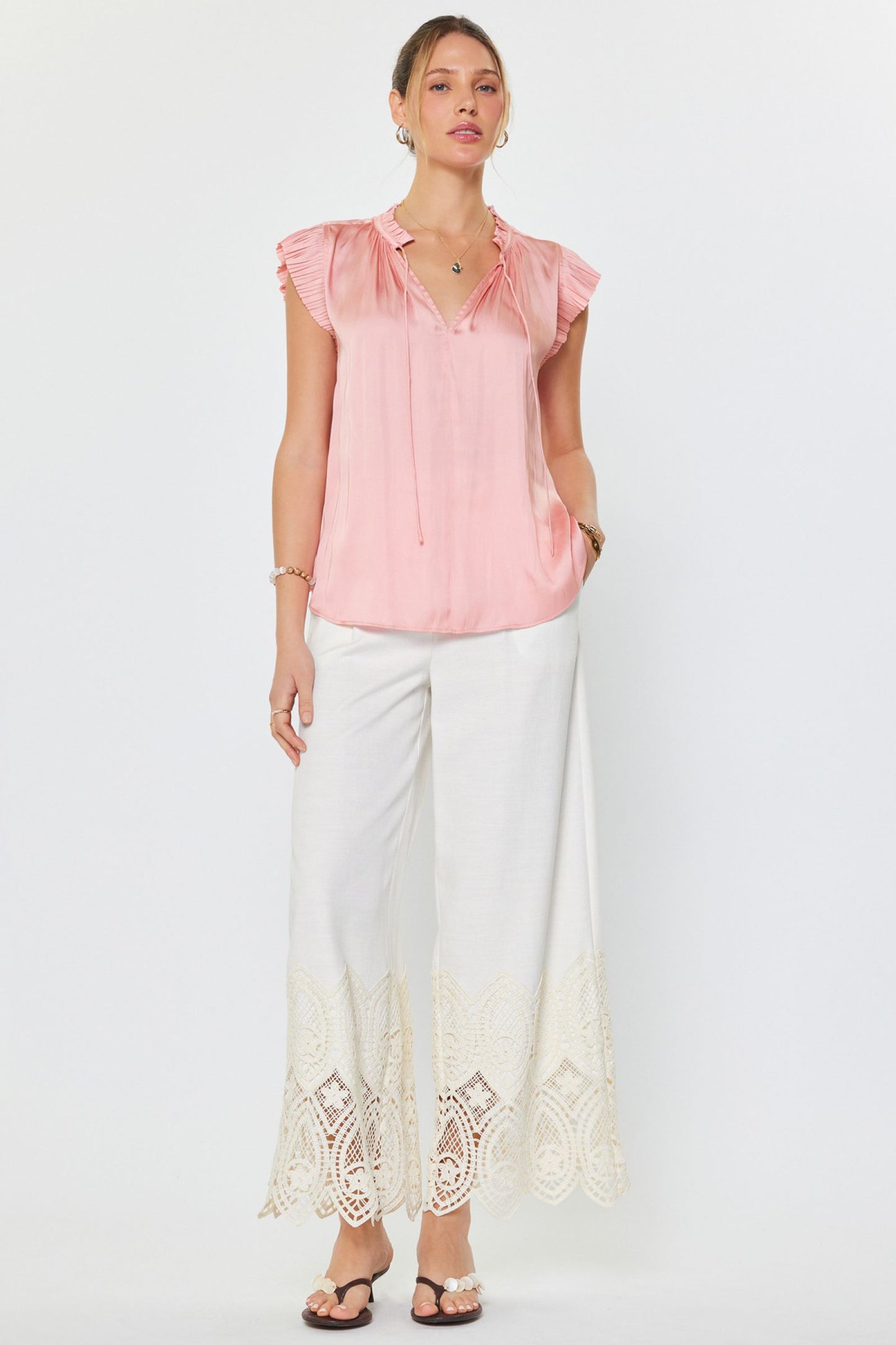 PLEATED SHORT SLEEVE BLOUSE - ROSE PINK