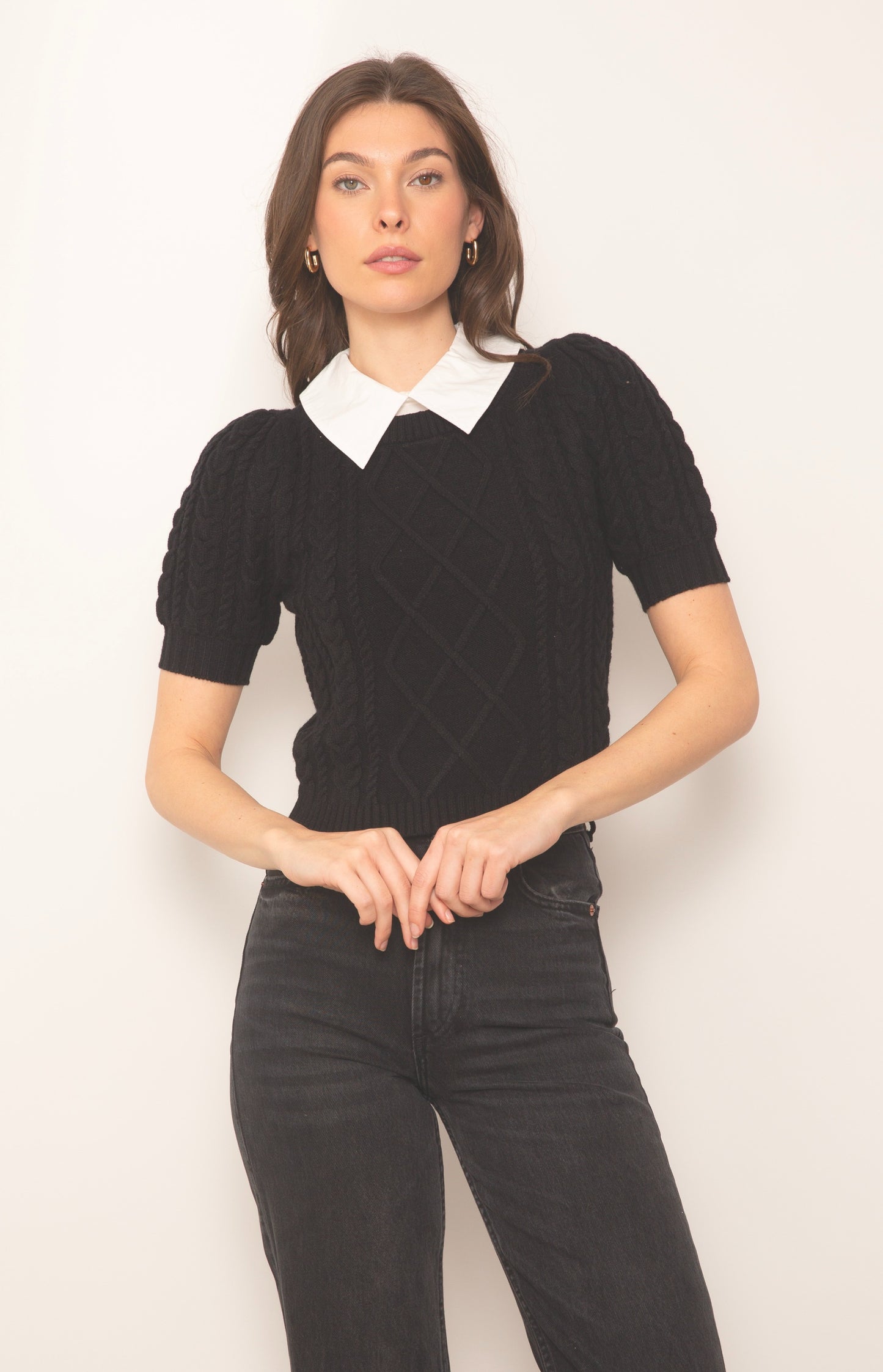 BLACK COMBO TESSA PUFF SLEEVE CABLE TWOFER