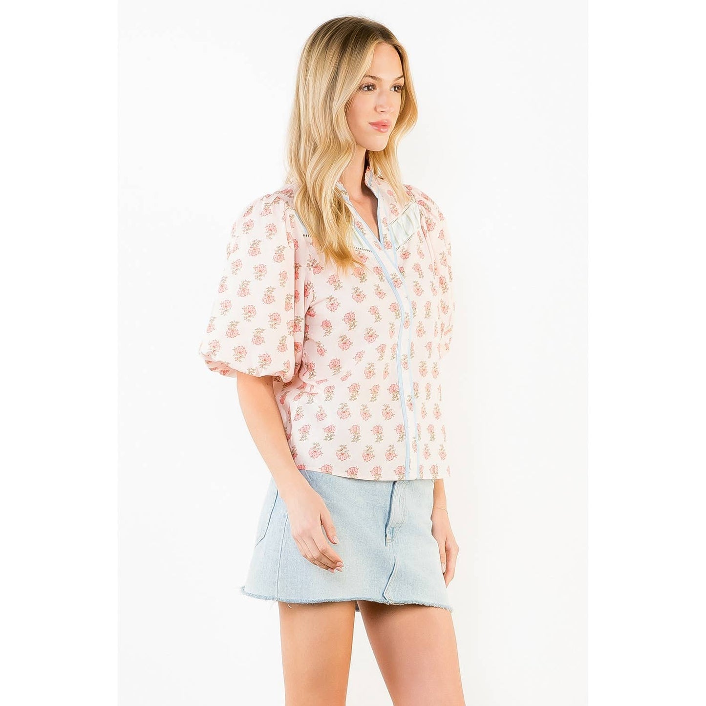 Puff Sleeve Floral Detail V-Neck Top