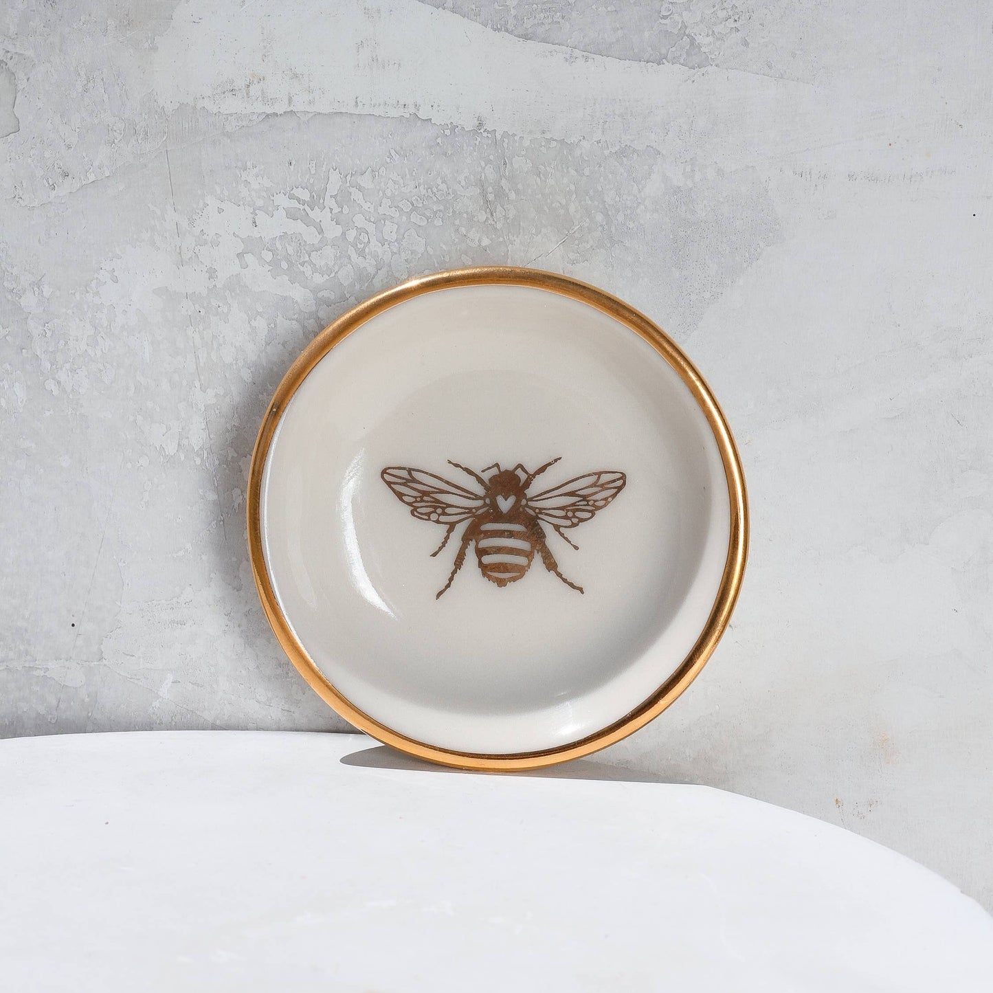 Gold Bee Ring Dish | Handmade Pottery Trinket Dish (white)
