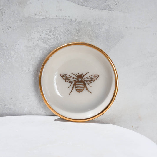Gold Bee Ring Dish | Handmade Pottery Trinket Dish (white)