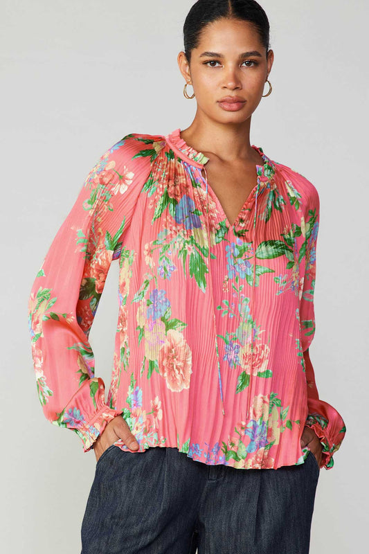 FLORAL PRINT PLEATED BLOUSE - BRINK PINK FLORAL