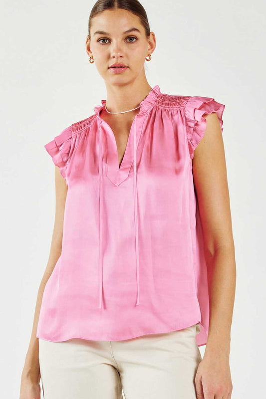 RUFFLE DETAIL SMOCKED BACK YOKE BLOUSE - PINK